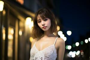 magnifique asiatique fille sur charme et sensuel robe ai génératif photo