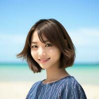 magnifique asiatique fille profiter été dans le plage ai génératif photo