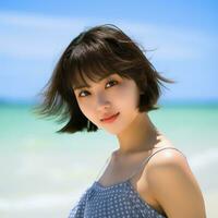 magnifique asiatique fille profiter été dans le plage ai génératif photo
