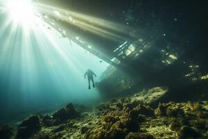 gratuit plongeur explorant une Naufrage ai génératif photo