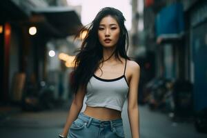 magnifique asiatique fille sur trandy décontractée tenue ai génératif photo