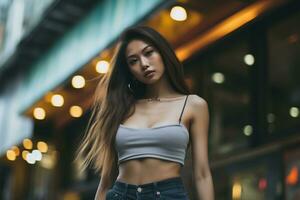 magnifique asiatique fille sur trandy décontractée tenue ai génératif photo