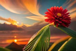une rouge fleur est séance sur une feuille dans de face de une le coucher du soleil. généré par ai photo