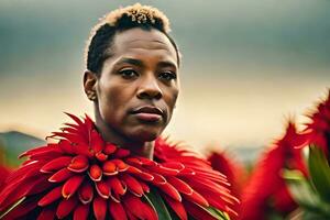 une femme avec rouge fleurs dans sa cheveux. généré par ai photo