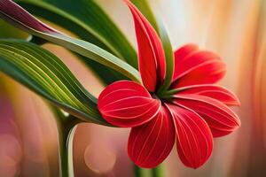 une rouge fleur est montré dans de face de une vert plante. généré par ai photo