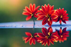 Trois rouge fleurs sont réfléchi dans l'eau. généré par ai photo