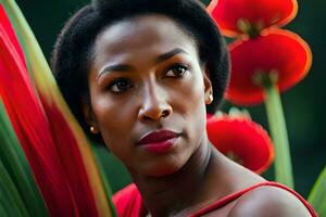 une femme avec noir cheveux et rouge robe dans de face de rouge fleurs. généré par ai photo