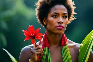 une femme avec afro cheveux et rouge fleur. généré par ai photo