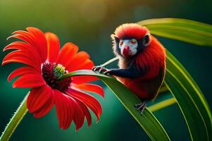 une rouge singe est séance sur une fleur. généré par ai photo