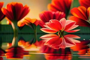 rouge fleurs sont réfléchi dans l'eau. généré par ai photo