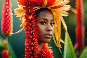 une femme avec une fleur coiffure dans le milieu de une champ. généré par ai photo