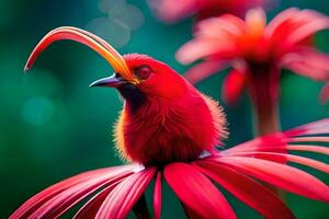 une rouge oiseau avec une longue le bec séance sur Haut de une fleur. généré par ai photo