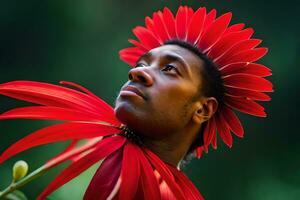 une homme avec une fleur dans le sien cheveux. généré par ai photo