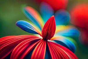 une proche en haut de une rouge et bleu fleur. généré par ai photo