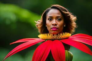 une femme avec brillant rouge fleurs sur sa diriger. généré par ai photo