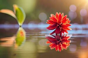 une rouge fleur est réfléchi dans l'eau. généré par ai photo