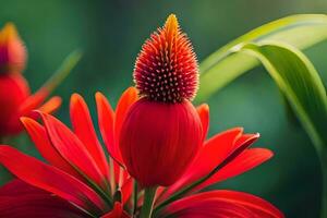 rouge fleur avec vert feuilles et Soleil. généré par ai photo