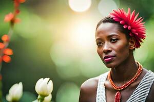 une magnifique africain femme avec rouge fleurs dans sa cheveux. généré par ai photo