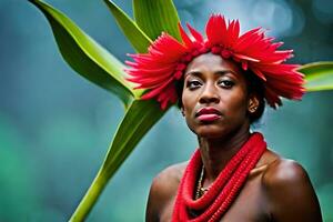 une femme portant une rouge fleur coiffure et une vert feuille. généré par ai photo