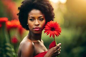 magnifique africain femme avec rouge fleur dans sa main. généré par ai photo