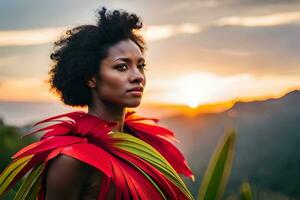 une magnifique femme dans une rouge robe avec une tropical plante. généré par ai photo