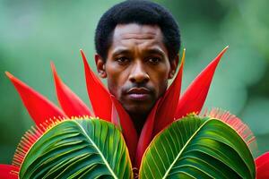 une homme avec une noir barbe et rouge feuilles. généré par ai photo