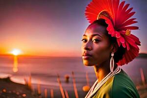 une femme avec une rouge fleur dans sa cheveux des stands dans de face de le océan. généré par ai photo