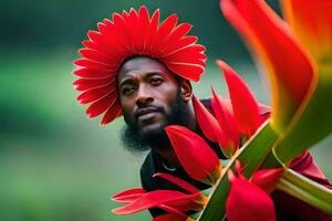 une homme avec une fleur dans le sien cheveux. généré par ai photo