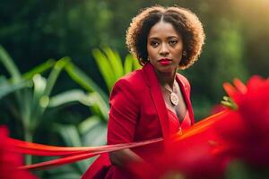 une femme dans une rouge costume permanent dans de face de fleurs. généré par ai photo