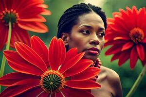 une femme avec rouge fleurs dans sa main. généré par ai photo