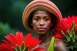 une magnifique femme avec une chapeau et rouge fleurs. généré par ai photo