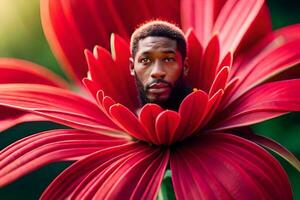 une homme est dans une fleur avec une rouge fleur. généré par ai photo