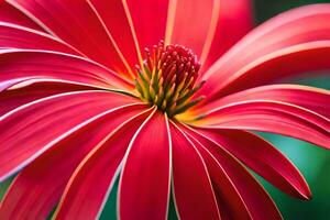 une proche en haut de une rouge fleur avec vert feuilles. généré par ai photo