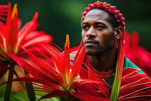 une homme avec rouge fleurs dans le sien cheveux. généré par ai photo