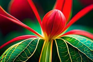 une proche en haut de une rouge fleur avec vert feuilles. généré par ai photo