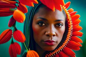 une femme avec brillant rouge fleurs dans sa cheveux. généré par ai photo