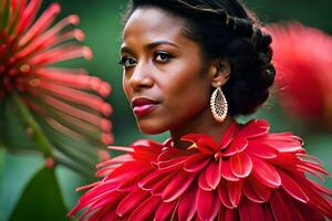 une magnifique femme dans une rouge robe avec fleurs. généré par ai photo