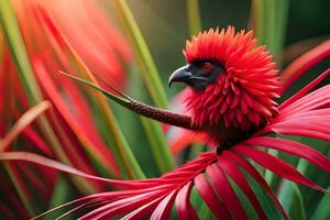 une oiseau avec rouge plumes séance sur Haut de une plante. généré par ai photo