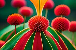 une proche en haut de certains rouge et vert fleurs. généré par ai photo