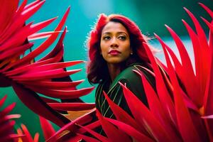 une femme avec rouge cheveux permanent dans de face de certains rouge les plantes. généré par ai photo