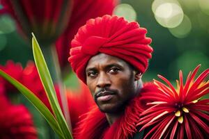 une homme avec une rouge turban et fleurs. généré par ai photo