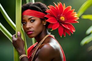 une magnifique femme dans rouge en portant une fleur. généré par ai photo