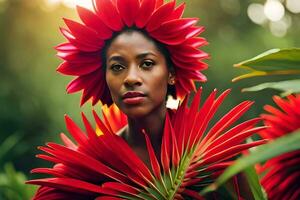 magnifique africain femme avec rouge fleurs. généré par ai photo