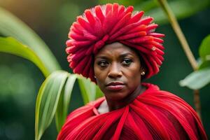 une femme portant une rouge robe et une rouge coiffure. généré par ai photo