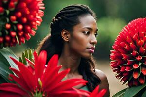 une magnifique femme avec rouge fleurs dans de face de son. généré par ai photo