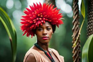 une femme avec une rouge fleur coiffure dans le jungle. généré par ai photo