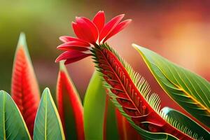 une rouge fleur est dans le milieu de vert feuilles. généré par ai photo