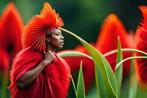 une femme dans une rouge robe est permanent dans de face de certains rouge fleurs. généré par ai photo