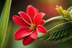 une rouge fleur est séance sur une vert feuille. généré par ai photo