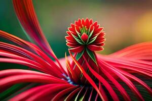 une proche en haut de une rouge fleur avec une vert centre. généré par ai photo